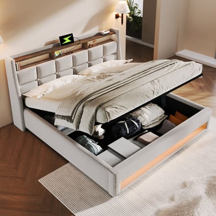 REDOM Opbergbed 160x200 cm – Linnen – Hydraulisch – LED & 2x USB – Hellbeige – 300 kg