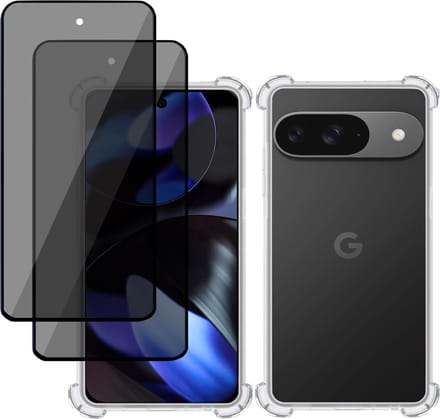 Hoesje + 2x Privé Screenprotector geschikt voor Google Pixel 9 / 9 Pro – Privacy Tempered Glass - Case Transparant