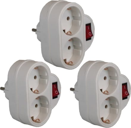 Benson Stopcontact splitter - Pakket van 3x stuks - dubbel wit - met randaarde en schakelaar - Witte stekkeradapters