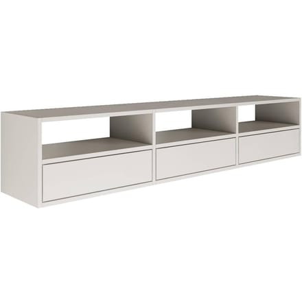 Selsey Framme – zwevend tv-meubel met drie kleppen en open vakken, wit, 150 cm