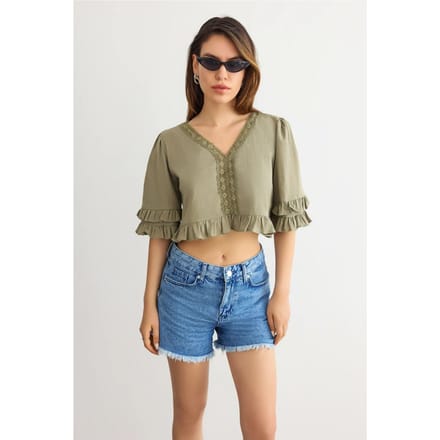 Gekruiste V-hals Rimpel Blouse