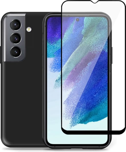 Hoesje geschikt voor Samsung S21 FE - Full Screenprotector Tempered Glas Cover - Liquid Back Case Zwart