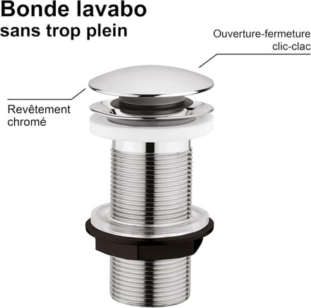 Wastafelafvoer Clic-Clac 63 mm, zonder overloop, NF-gecertificeerd, verchroomd, grote dikte