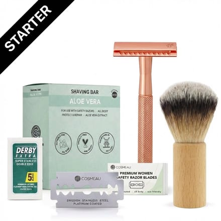 Safety Razor Starterkit voor Vrouw Rose Gold Goud - 25 Mesjes - Scheerkwast - Scheerzeep