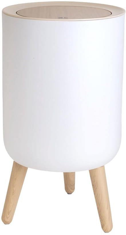Witte afvalbak met bamboe-look deksel en drukknop - Compacte afvalemmer voor badkamer, kantoor en keuken