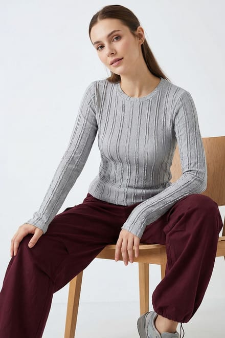 Geribbelde Crew Neck Langsleeve Blouse