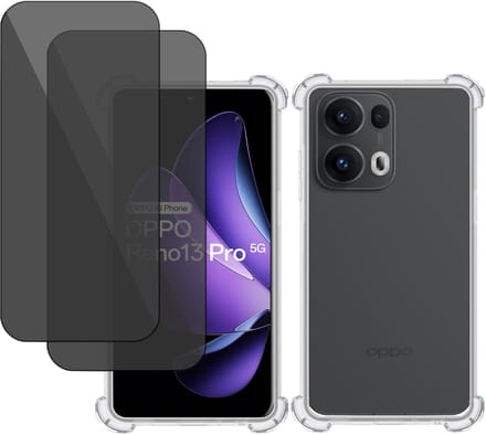 TechNow Hoesje + 2x Privé Screenprotector geschikt voor OPPO Reno 13 Pro – Privacy Tempered Glass - Case Transparant