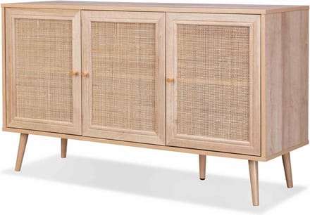sweeek - Dressoir met 3 deuren houtdecor en rotan 120cm - bohème
