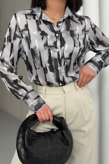 Abstracte Print Lange Mouw Knopenblouse
