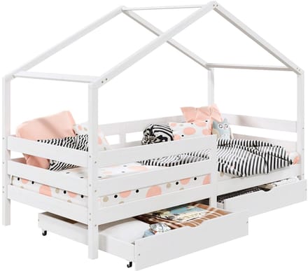 Huisbed ENA 90 x 200 cm met valbeveiliging en twee lades - Wit