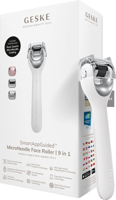 GESKE | SmartAppGuided™ MicroNeedle Face Roller | 9 in 1 | met rozenkwarts | Microneedling | Professioneel Microneedling-apparaat | Naaldroller | Schoonheidsrollergezicht | Micronaaldroller