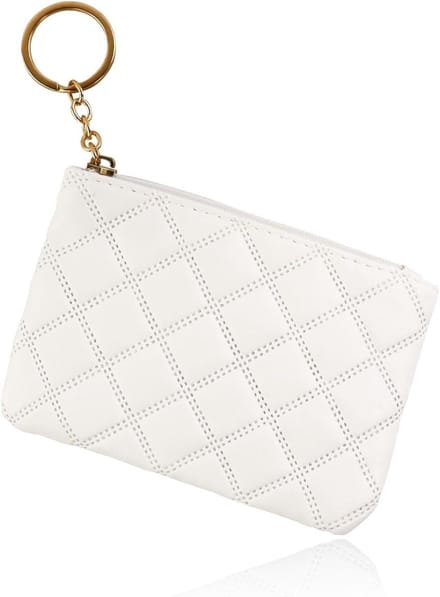 Dames Faux Leather Portemonnee met Sleutelhanger en 2-Layer Ritscompartiment, Mini Muntportemonnee voor Sleutels en Lippenstift, Wit