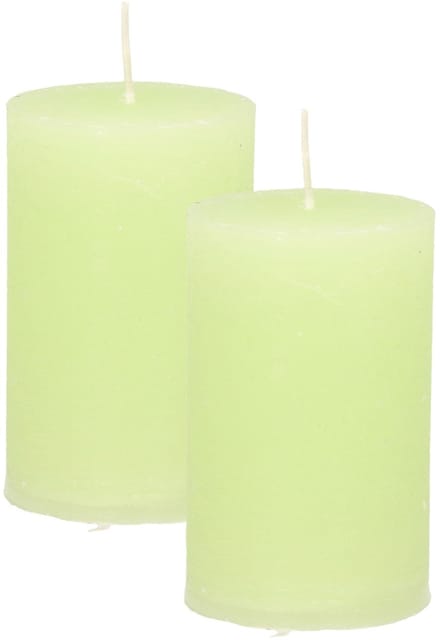 Atmosphera Stompkaars - 2x - lime groen - 5 x 8 cm - klein rustiek model - cilinderkaars - kaars
