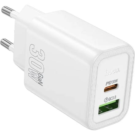Hoco PD30W+QC3.0  dual port fastcharger USB-A USB-C - Wit