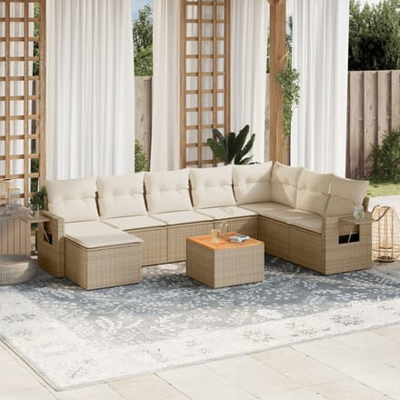 vidaXL - 9-delige - Loungeset - met - kussens - poly - rattan - beige