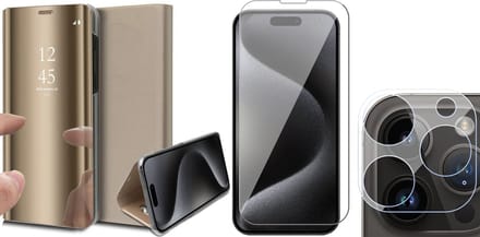 Hoesje geschikt voor iPhone 15 Pro Max - Screenprotector GlassGuard & Camera Lens Screen Protector - Book Case Spiegel Goud