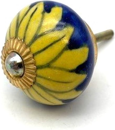 Porseleinen Knop Blauw / Gele Bloem 40mm handgeschilderd