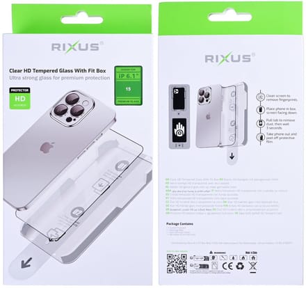 Rixus Clear HD Tempered Glass With Fit Box For Apple iPhone 15