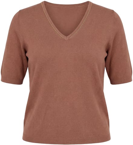 Ulla Popken - Dames - Trui elastische zoom V-hals korte mouw glitter - Bruin - Maat 46+