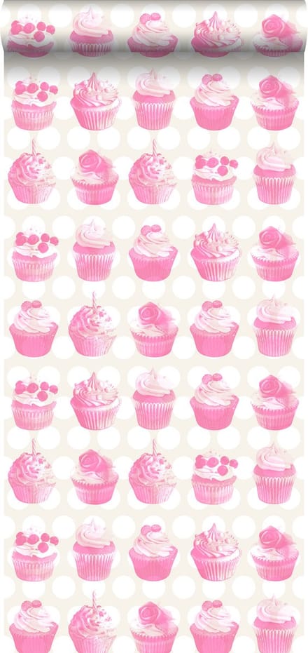 ESTAhome behang cupcakes op glanzende stip roze - 53 cm x 10.05 m - 138723