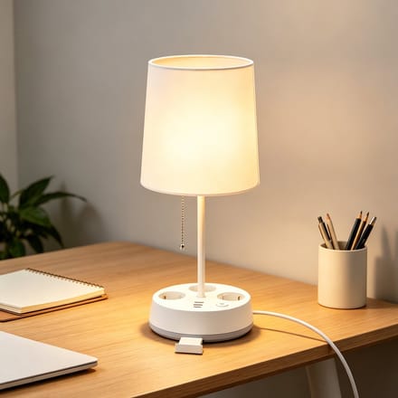 Aigostar Tafellamp met 3 Stopcontacten - 2x USB-A & USB-C - E27 - Telefoonhouder - Trekschakelaar - Wit