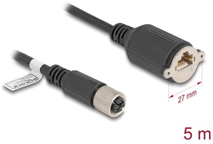 Delock M12 Cable X-coded 8 pin female to RJ45 jack for installation Cat.6A S/FTP 5 m black