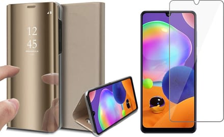 Hoesje geschikt voor Samsung A31 en Screenprotector - Spiegel Book Case + Screen Protector Glas - Goud