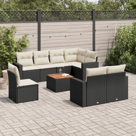 vidaXL - 9-delige - Loungeset - met - kussens - poly - rattan - zwart