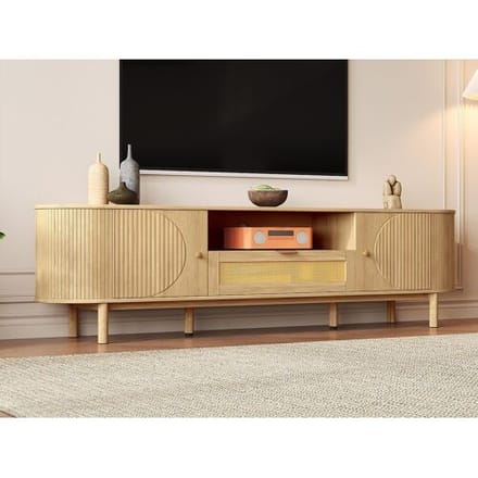 ModernLuxe Modern TV-meubel 175×36×51 cm - met 2 deuren en 1 rotan lade - open planken - naturel
