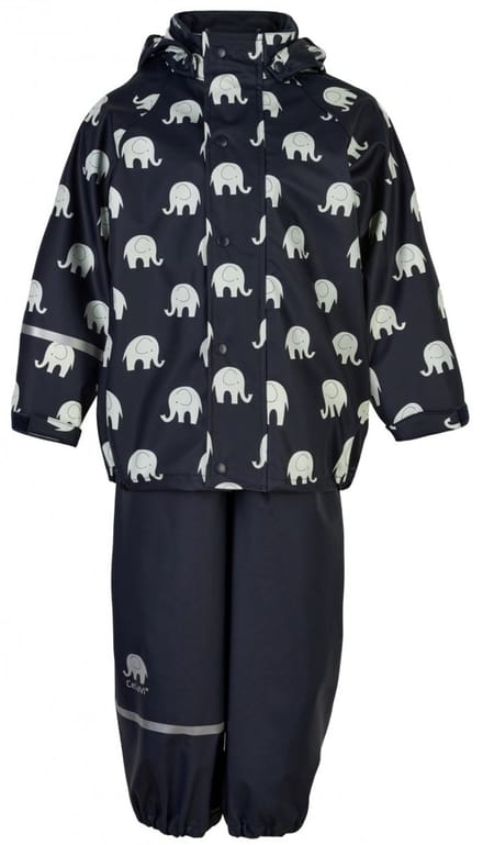 Donkerblauw regenpak met witte olifantenprint van CeLaVi 140