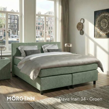 Mörgenn Boxspring Amsterdam - Pocketvering - Groen - 80x220 cm - Inclusief Dekbed en Kussens