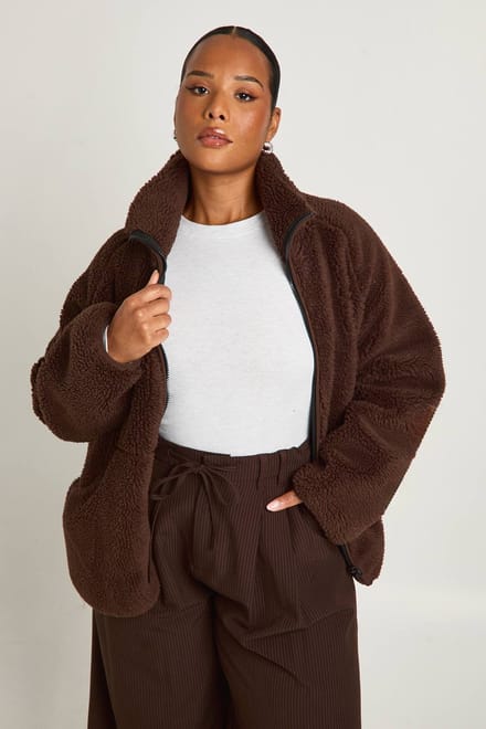 boohoo Dames Plus ritssluiting Teddy-jasje | Chocolate | Maat: 18
