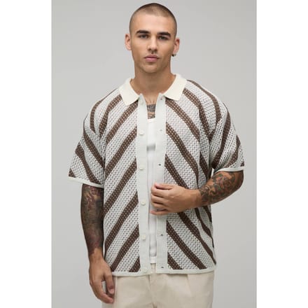Gebreid Overhemd Met Ontspannen Pasvorm En Open Steek Streeppatroon | Brown | Size Medium