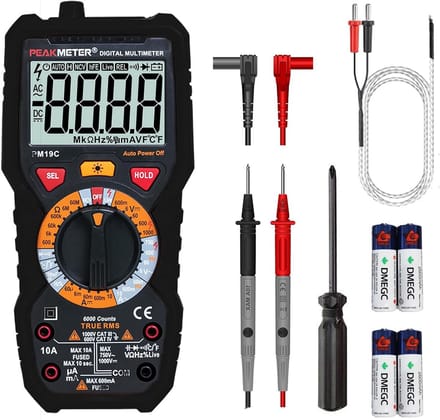 Digitale multimeter 6000 telt TRMS voor spanning, stroom, weerstand en temperatuurmeting met groot LCD-scherm