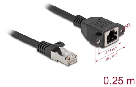 Delock Network Extension Cable S/FTP RJ45 plug to RJ45 jack Cat.6A 0.25 m flat design black