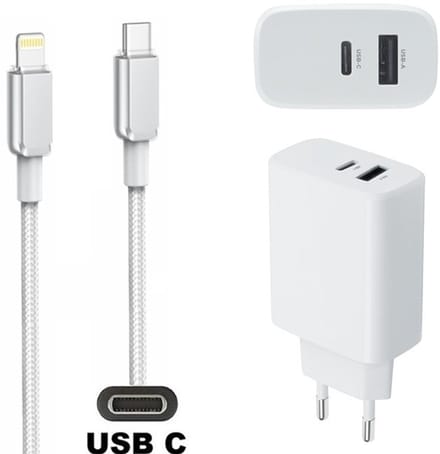 OneOne 25W super snellader met 2 poorten + 0,9m OneOne USB C naar Lightning kabel. PD lader. Oplader adapter past op Apple iPhone SE 2, iPhone 8, iPhone 8 Plus, iPhone 10, iPhone X, iPhone XR, iPhone XS, iPhone XS Max, iPhone 11