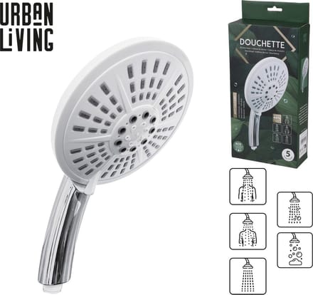Urban Living basic douchekop - met 5 functies - 24 cm - zilver/wit - kunststof - douchekoppen