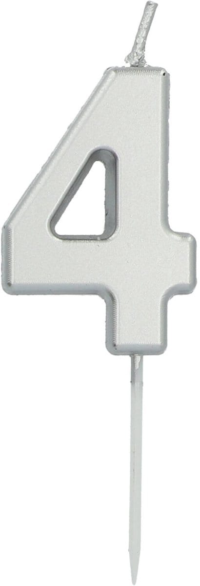 Folat - Kaars cijfer 4 zilverkleurig 5 cm