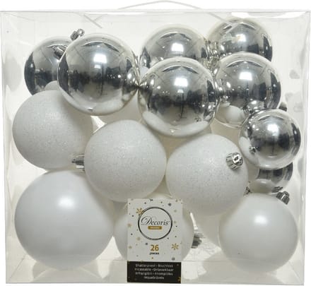 Decoris Kerstballen - 26x st - wit en zilver - 6-8-10 cm - kunststof - kerstversiering