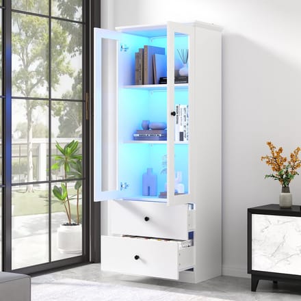 MIVRAY Vitrinekast - Mat Wit Met LED Verlichting En USB Aansluiting - 2 Laden En Verstelbare Planken - MDF Glas - 60x35,5x165 Cm