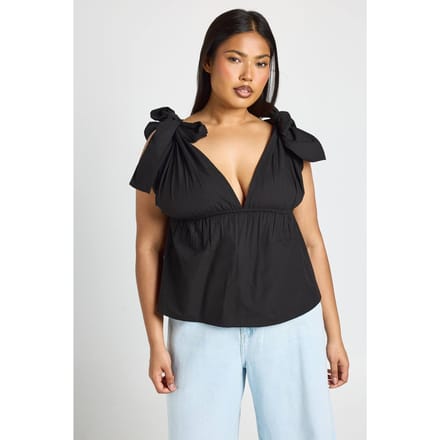 boohoo Dames Plus Top Met Strikbandjes Op De Schouders | Zwart | Maat: 52
