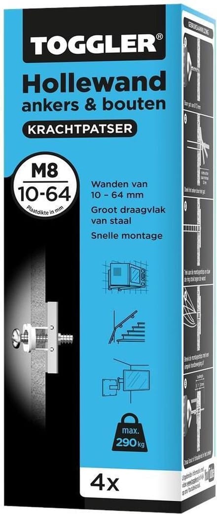 Toggler hollewandanker + bout M8 10-64mm (4 Stuks)
