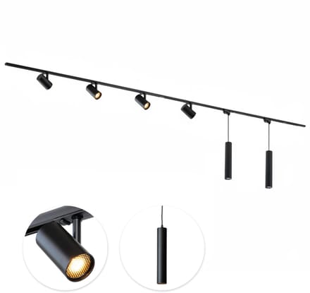 Qub Viror Railverlichting - Zwart - 600 cm - I-Vorm - 4 Mesh Spots & 2 Hanglampen - Dimbaar - Complete Set