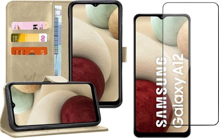 Hoesje geschikt voor Samsung Galaxy A12 - Screen Protector GlassGuard - Book Case Kunstleer Pasjeshouder Goud & Screenprotector