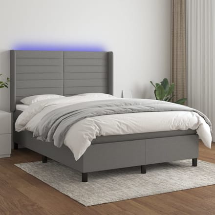 vidaXL - Boxspring - met - matras - en - LED - stof - donkergrijs - 140x200 - cm
