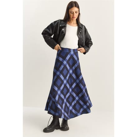 Hoge Taille Midi Rok in Geruit Patroon