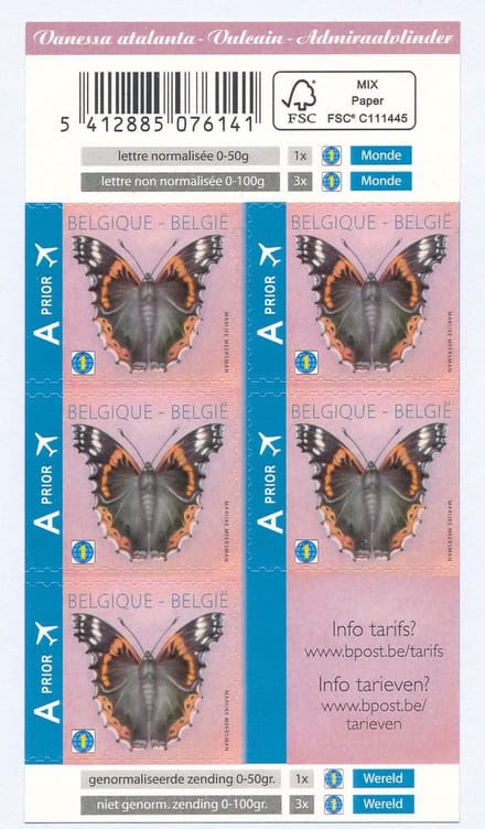Bpost - 5 postzegels tarief 1 - verzending Wereld / World - Vlinder