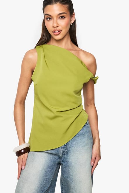 boohoo Dames Geweven Gedrapeerde Asymmetrische Top | Olijf | Maat: 42