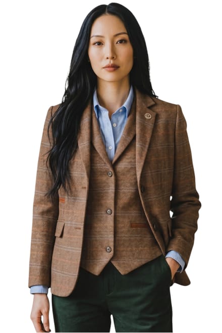 Dames eikenbruine 2-delige geruite formele tweed blazer en vestset - TPSTZ-7