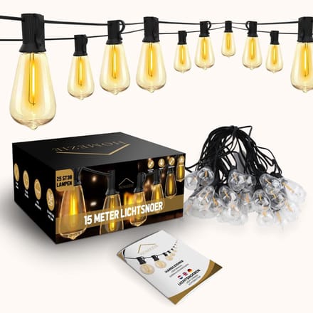 Homezie Lichtsnoer 15 meter met 25 grote LED bulbs | Inclusief dimmer | Warm wit | Koppelbaar & Dimbaar
